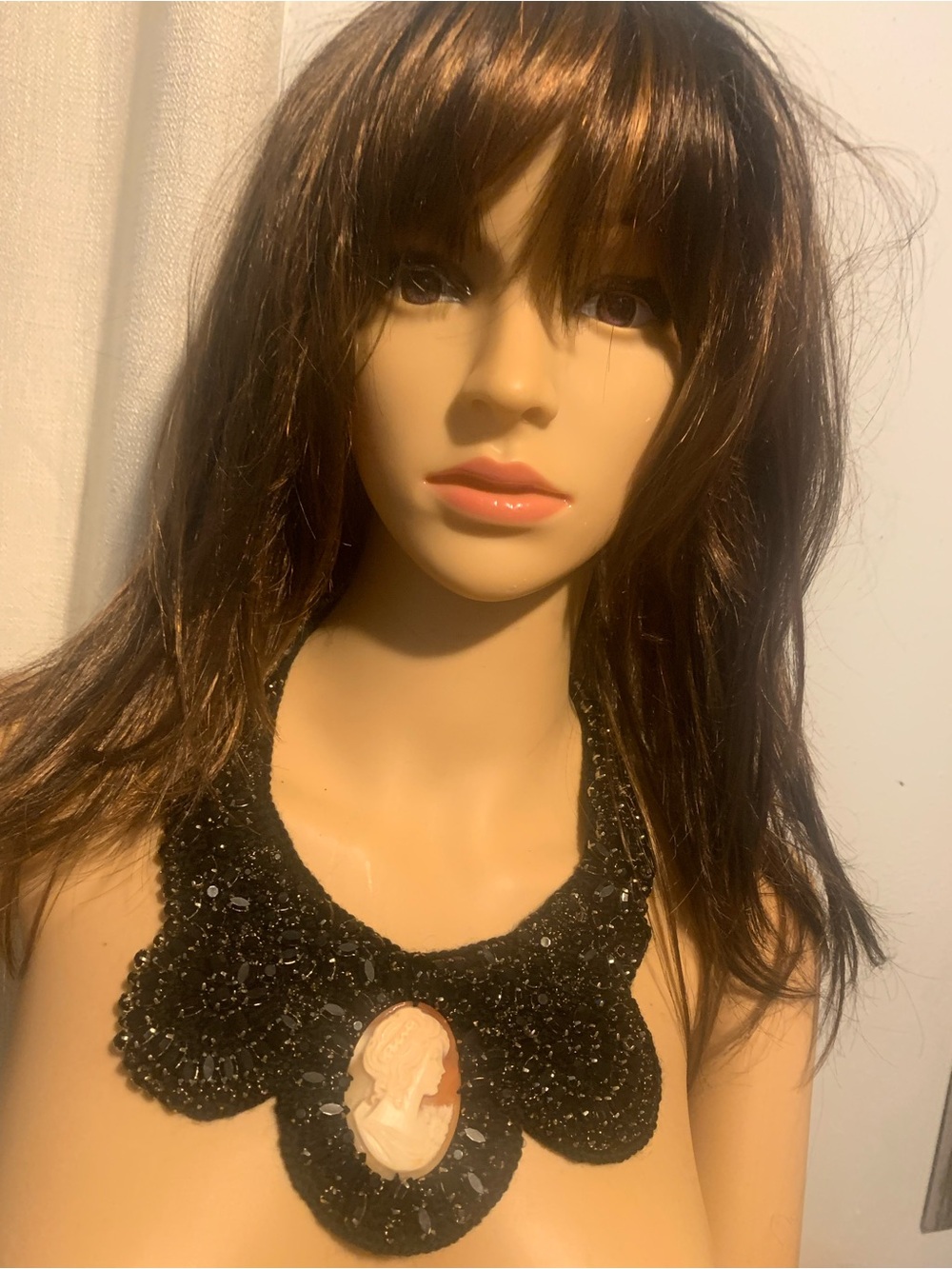 Amadeo Black Beaded Collar Necklace with Ivory Cameo Accent